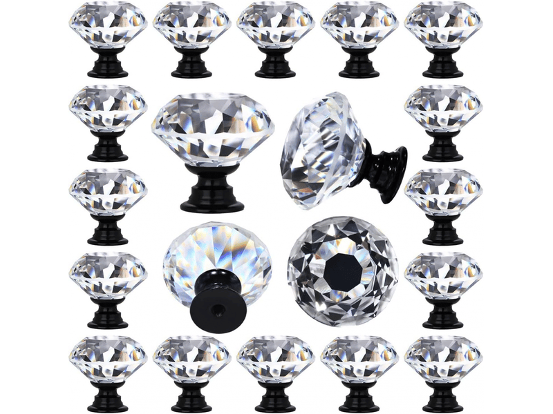  Jeu de 12 tirateurs décoratifs en cristal transparent en forme de diamant pour tiroirs de cuisine ou commode, 30 mm (1-14), base noire  - Conforama A