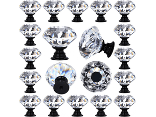 Jeu de 12 tirateurs décoratifs en cristal transparent en forme de diamant pour tiroirs de cuisine ou commode, 30 mm (1-14), base noire