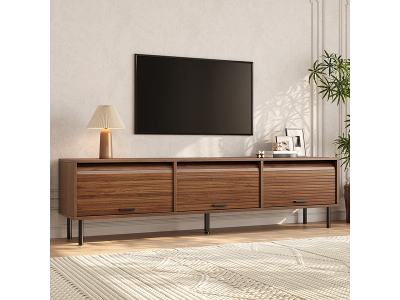  Meuble tv, noir, portes coulissantes, pieds en métal, panneaux texturés, design moderne et élégant pour salon  - Conforama D