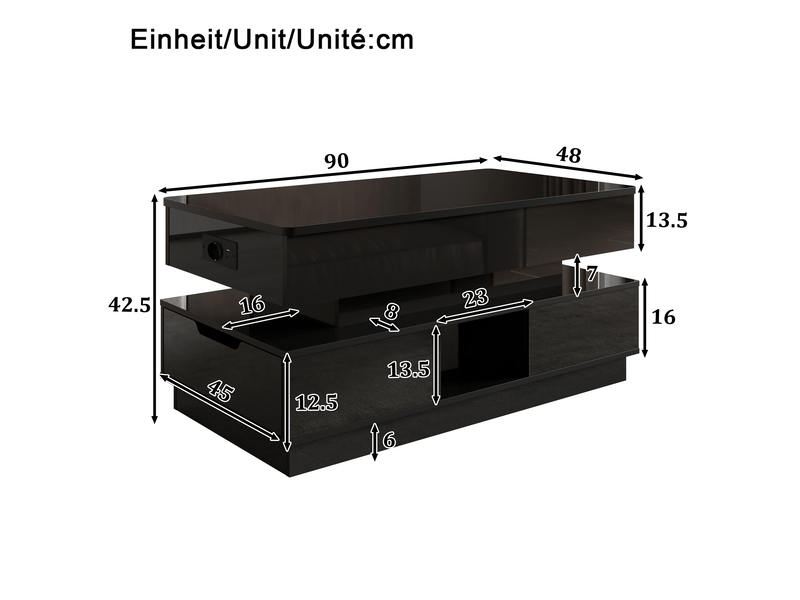  Table basse relevable noire brillante 90 x 48 cm avec rangement, led et prise intégrée  - Conforama C