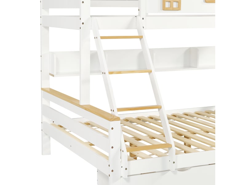 Lit superposé enfant 90x200140x200 cm, barrière sécurité, 2 tiroirs, échelle 4 marches, pinmdf, blanc naturel - Conforama E