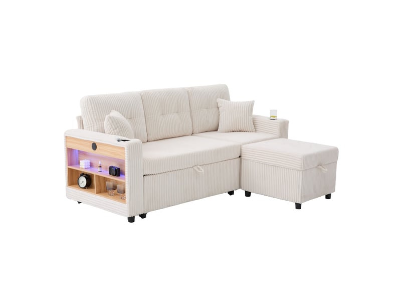  Canapé 3 places rangement 196x82–144x85cm coussins douillets lumières led prise usb‑c intégrée velours côtelé beige  - Conforama A