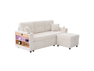 Canapé 3 places rangement 196x82–144x85cm coussins douillets lumières led prise usb‑c intégrée velours côtelé beige
