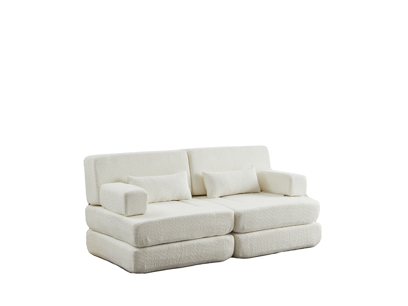 Canapé-lit modulable 2 places en chenille – beige – convertible 2-en-1, dossier haut et structure en métal - Conforama A