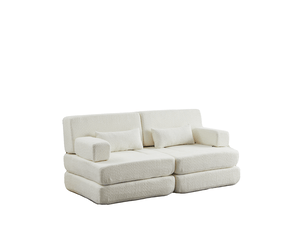 Canapé-lit modulable 2 places en chenille – beige – convertible 2-en-1, dossier haut et structure en métal
