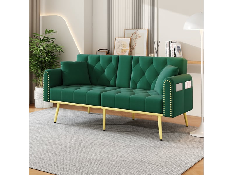 Canapé droit convertible 2 places en velours vert, dossier 3 positions et porte-gobelets pour votre salon - Conforama B