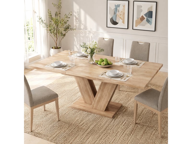  Table de salle à manger extensible rectangulaire pour 4 à 8 personnes avec plateau en mdf et piétement en v, chêne  - Conforama D