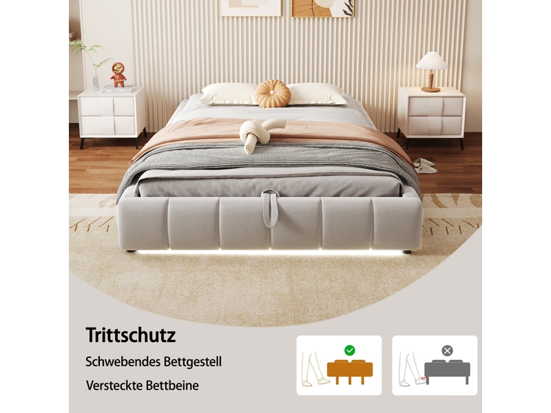  Lit double capitonné 140 x 200 cm, sans tête, bandeau led monochrome, hydraulique suspendu, beige  - Conforama D