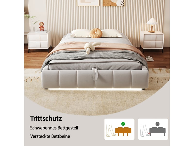  Lit double capitonné 140 x 200 cm, sans tête, bandeau led monochrome, hydraulique suspendu, beige  - Conforama D