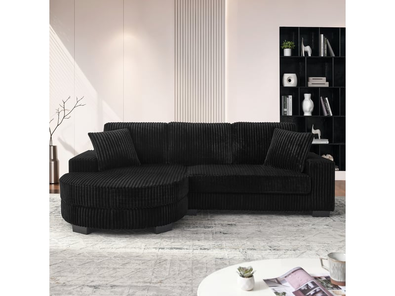  Canapé d'angle modulaire 4 places avec hocker ovale amovible et 2 coussins, en corduroy noir  - Conforama B