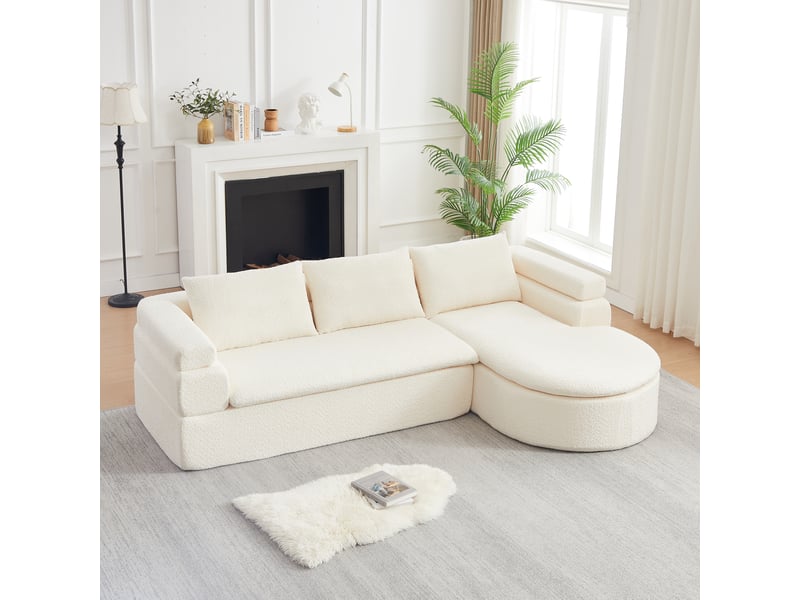  Canapé d'angle avec méridienne en chenille 3 places beige crème - dossier épais et forme arrondie  - Conforama B