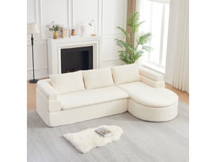 Canapé d'angle avec méridienne en chenille 3 places beige crème - dossier épais et forme arrondie