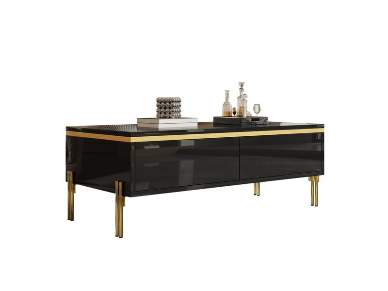 Table basse 100x50x36 cm avec 2 tiroirs sur deux côtés, pieds en métal et panneaux de particules brillants, noir et doré ABC - Conforama A