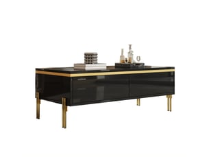 Table basse 100x50x36 cm avec 2 tiroirs sur deux côtés, pieds en métal et panneaux de particules brillants, noir et doré
