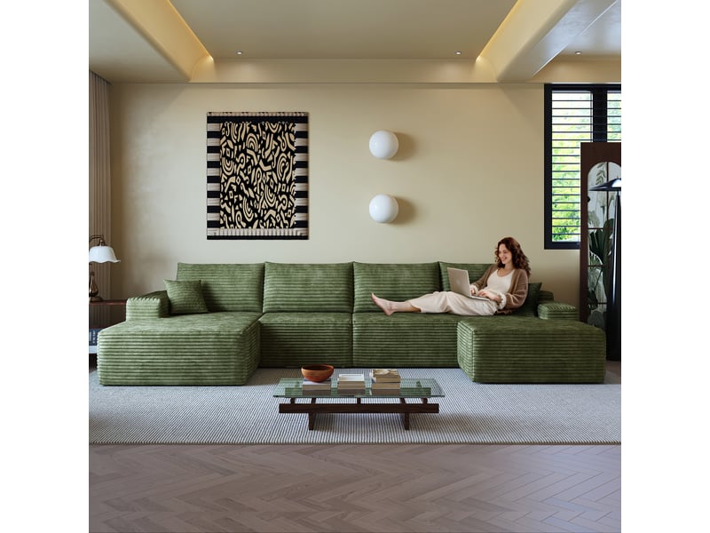  Canapé d'angle, canapé modulable, livré monté, design moderne, 340 cm, pour salon, chambre, appartement, assise profonde, vert  - Conforama R