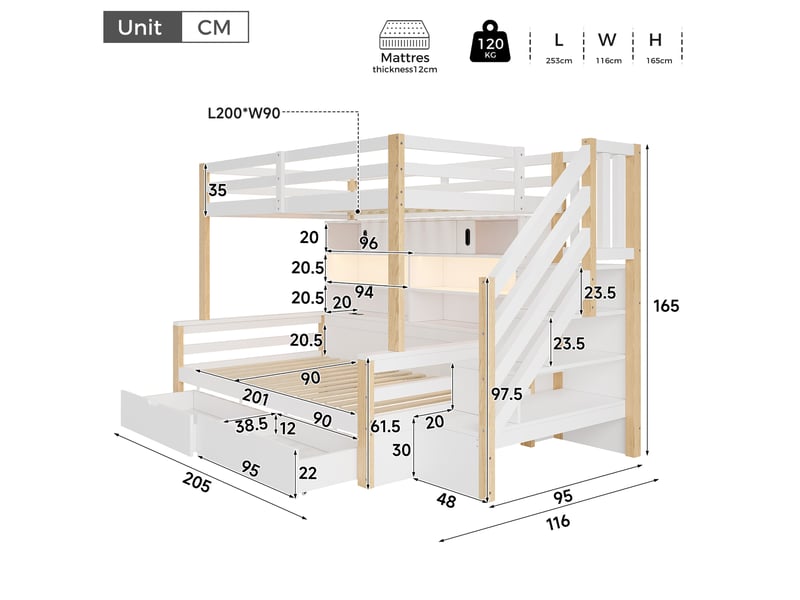  Lit superposé enfant 90x200 cm blanc et naturel en bois et mdf, escalier de rangement, led et prises usb  - Conforama C