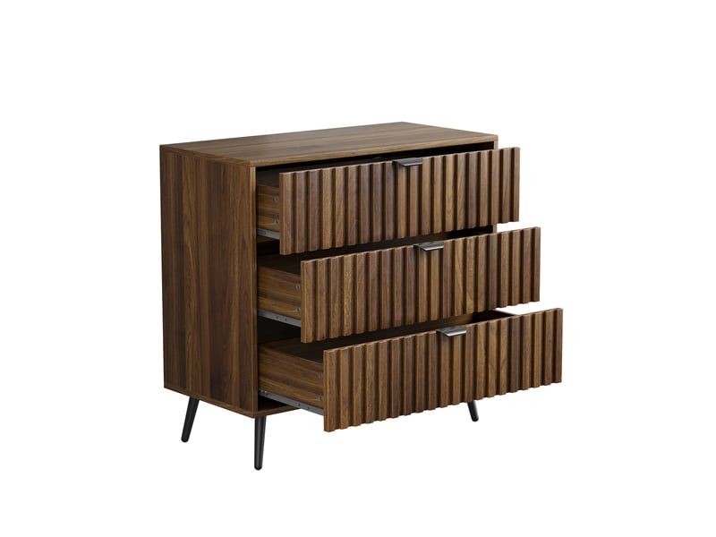  Commode 3 tiroirs en mdf coloris noyer avec pieds et poignées en métal W3180P412735 - Conforama B