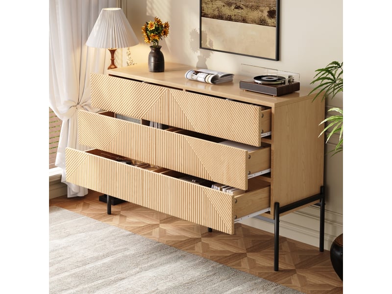  Commode 6 tiroirs à texture géométrique pour salon ou chambre en mdf 115,5×38×75 cm naturel  - Conforama D