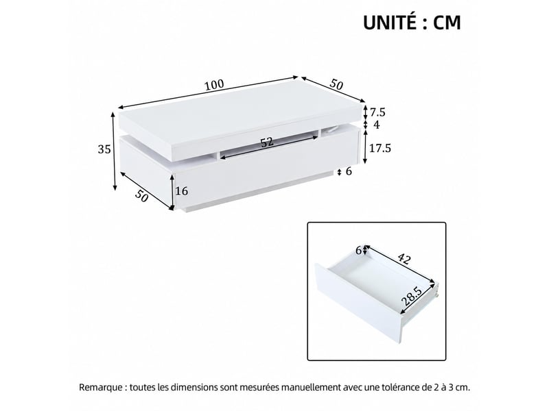  Table basse led blanche avec 2 tiroirs, finition brillante et éclairage d’ambiance, 100x50x35 cm  - Conforama C