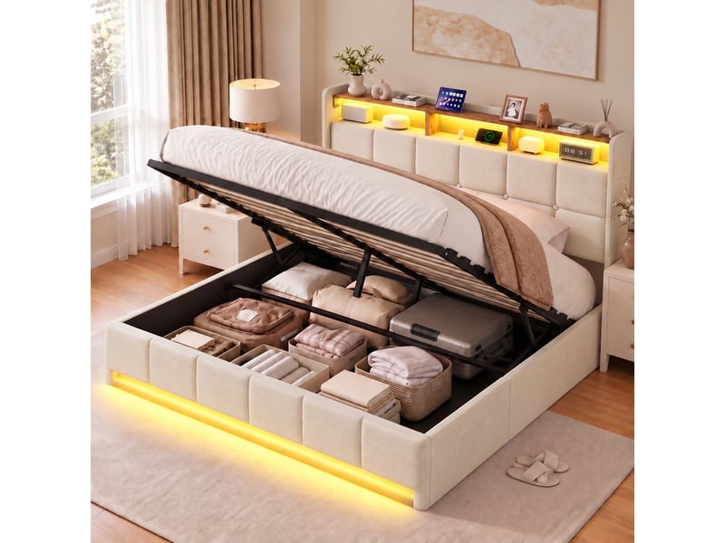 Lit adulte coffre 140x190 cm avec rangement intégré et tête de lit à ailes, lit 2 places avec niche de rangement, tissu lin beige, sans matelas - Conforama B