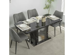 Table à manger extensible 120-160 x 80 cm avec meuble de rangement intégré, plateau mdf effet marbre noir, porte vitrée et base métal