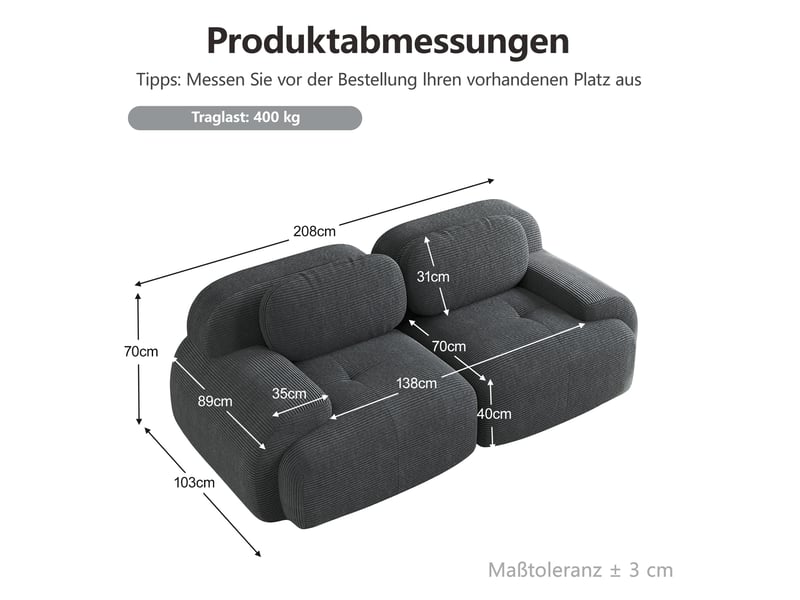 Canapé 2 places modenvie modulaire sans cadre en velours côtelé gris 208 x 103 x 70 cm - Conforama C