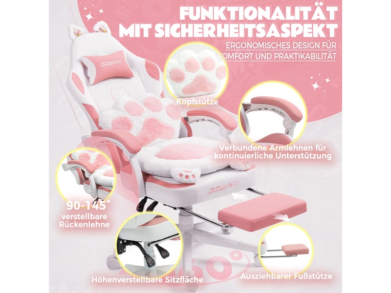  Fauteuil gaming ergonomique– design pattes de chat – tissu rose – repose-pieds – réglable  - Conforama D