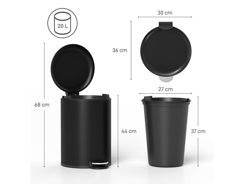  Poubelle à pédale 20 l avec seau amovible métal noir 36 x 30 x 44 cm  - Conforama C