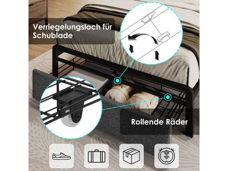  Lit simple 90 x 200cm, lit rembourré avec fonction de recharge usb type c, tête de lit rangeable et éclairage led et tiroirs, gris  - Conforama D