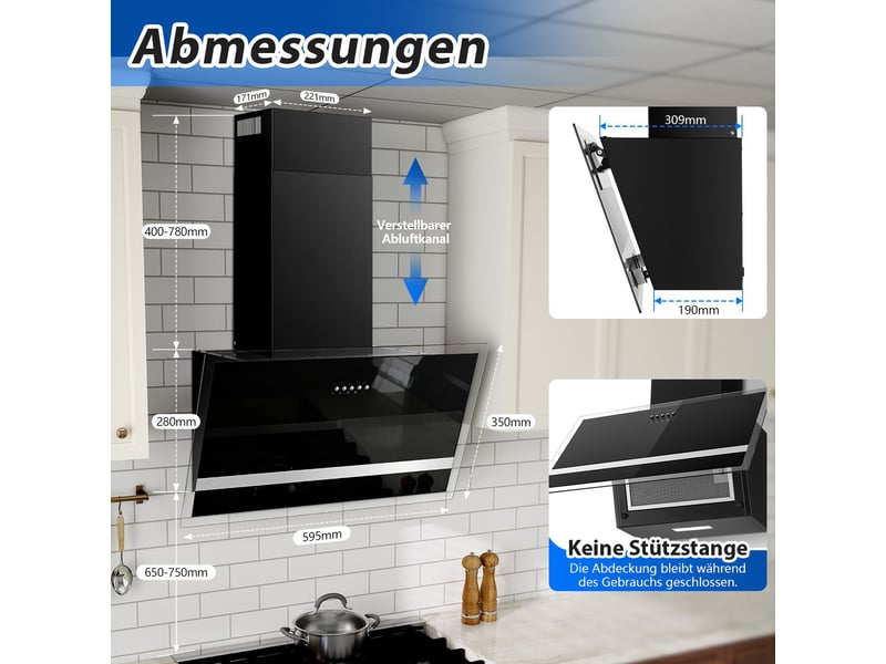 Hotte aspirante 60 cm, hotte de cuisine 400 m³h, évacuation ou recyclage, moteur sans balais, éclairage led, finition noire mate - Conforama C