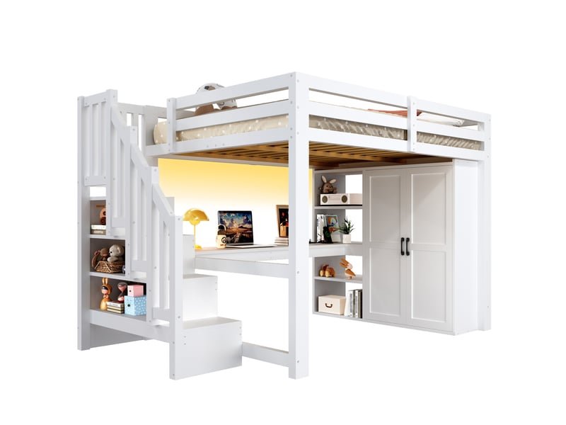  Lit mezzanine 140x200 avec bureau, étagère, armoire, escalier de rangement, usb et led blanc evryae  - Conforama A