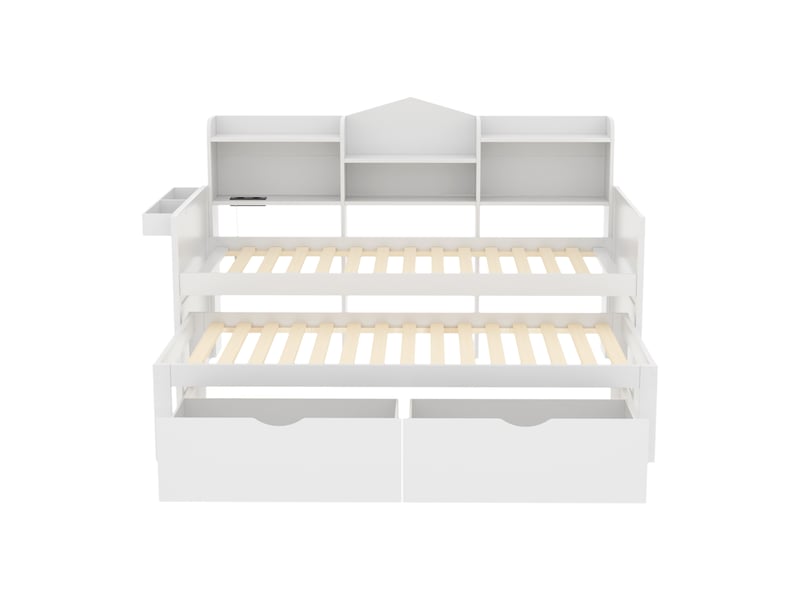  Lit canapé simple 90*200 en bois blanc, couchage gigogne 90*190, tiroirs, panier et prise usb  - Conforama A