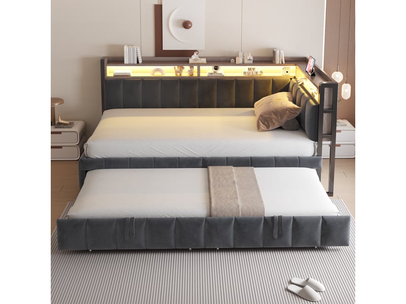 Canapé-lit 90 x 200 cm – avec lit gigogne – avec éclairage led – avec ports usb et type-c – gris foncé (matelas non inclus) - Conforama E