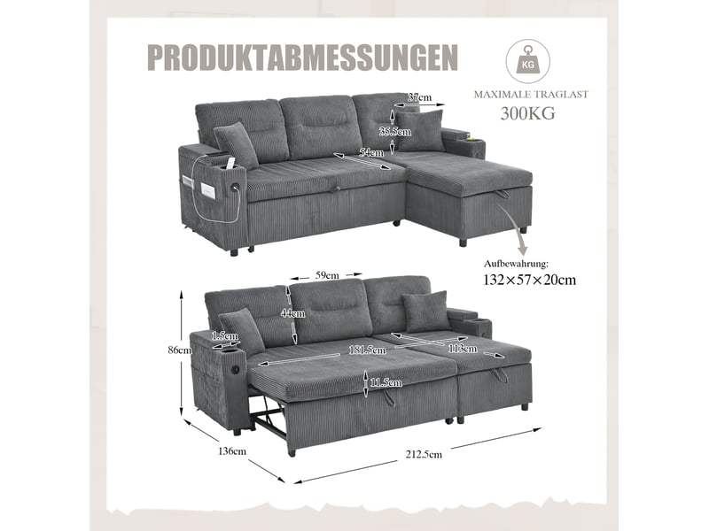  Canapé 3 places 212,5x136x86cm, porte-verres et ports usb-c, avec espace de rangement, confortable et tendre, velours côtelé gris carbone  - Conforama C