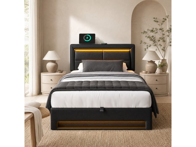  Lit simple rembourré 90x200 cm en pu noir avec usb, recharge sans fil, led et rangement sous le lit, sans matelas  - Conforama B