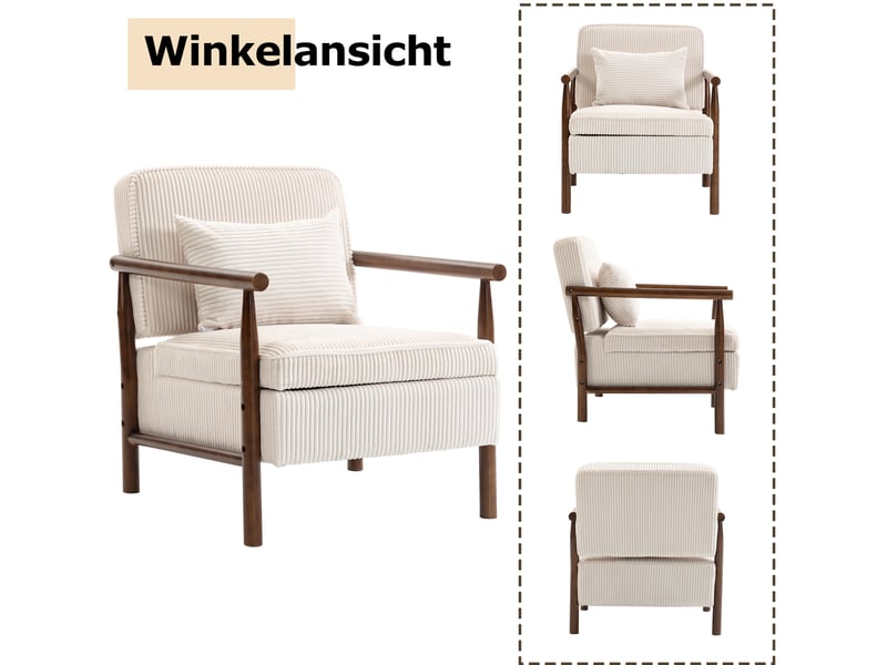  Fauteuil 80x61x71.9 cm, assise avec rangement, structure en bois, tissu velours, canapé 1 place, coloris blanc et brun  - Conforama D