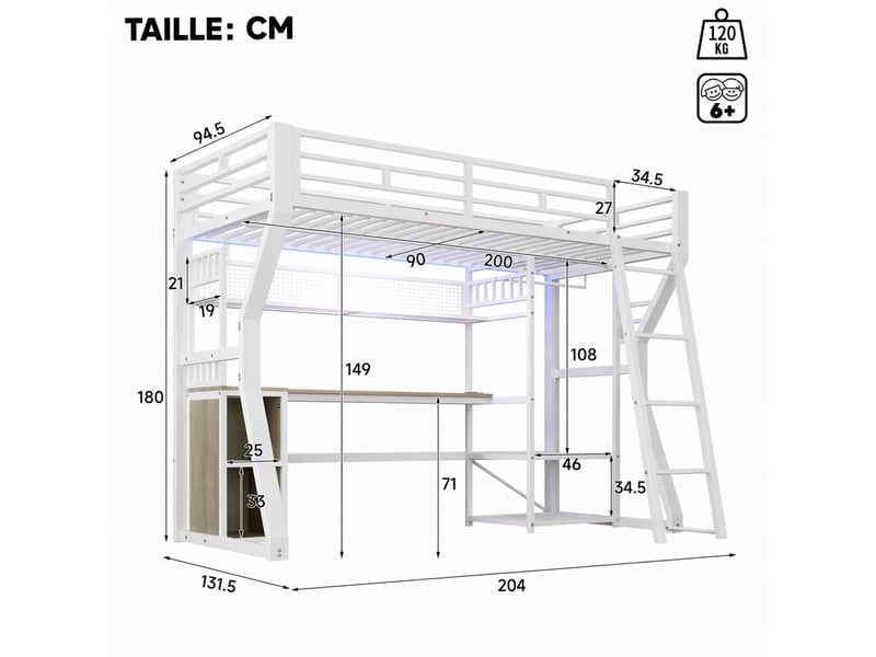  Lit mezzanine, lit simple 200x90 cm en métal et mdf avec bureau, prise, penderie et led, sans matelas, blanc  - Conforama D