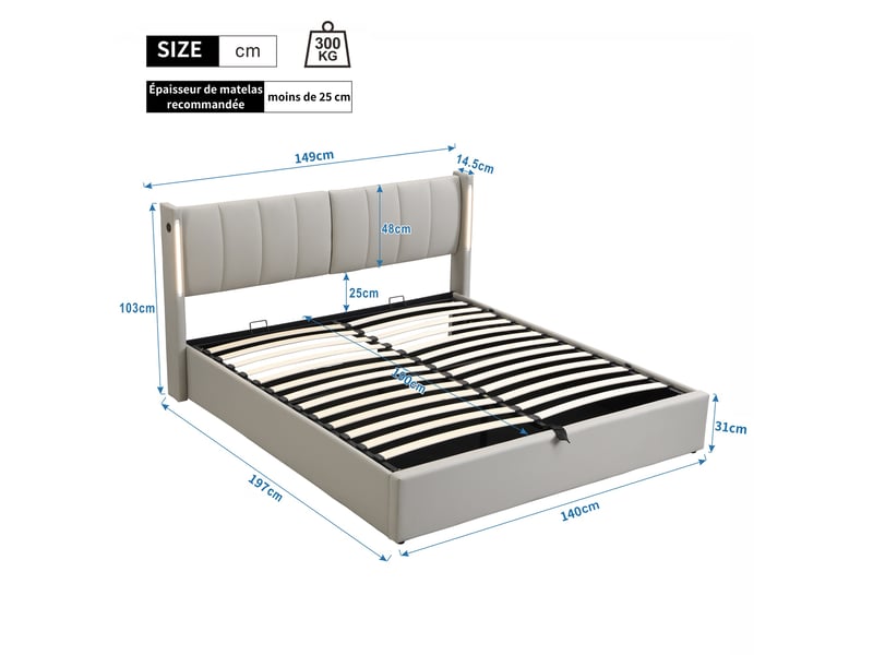  Lit coffre 140x190 cm avec éclairage led, port usb, rangement hydraulique et tête de lit réglable, pu gris  - Conforama C