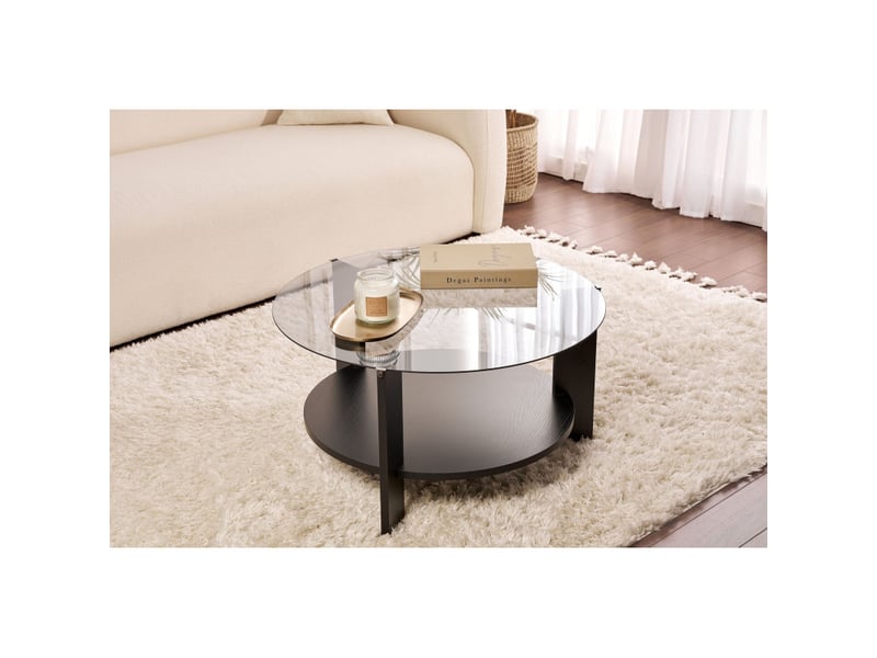 Table basse de salon en verre trempé et bois mdf mélaminé bois noir et fumé 75 x 75 x 40 cm - Conforama B