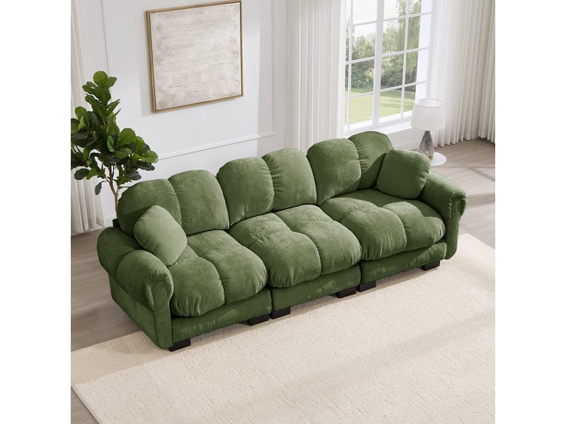  Canapé 3 places modulaire en chenille vert avec 2 coussins déco, assises épaisses et dossier ergonomique SF20260031013 - Conforama D