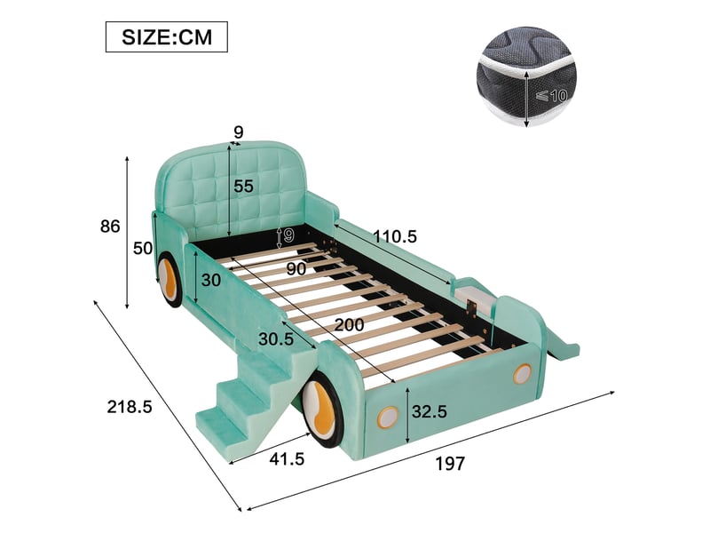  Lit voiture 90x200 cm, lit enfant, escalier, toboggan, barrière antichute, velours bleu-vert  - Conforama W
