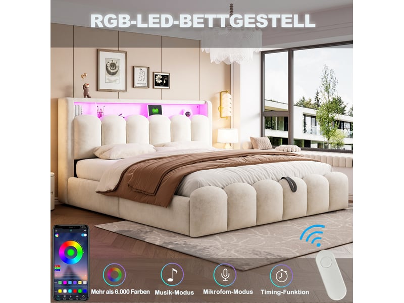  Lit 2 places 180x200 cm – beige – coffre hydraulique, led, usb, rangement tête de lit en velours – sans matelas  - Conforama E