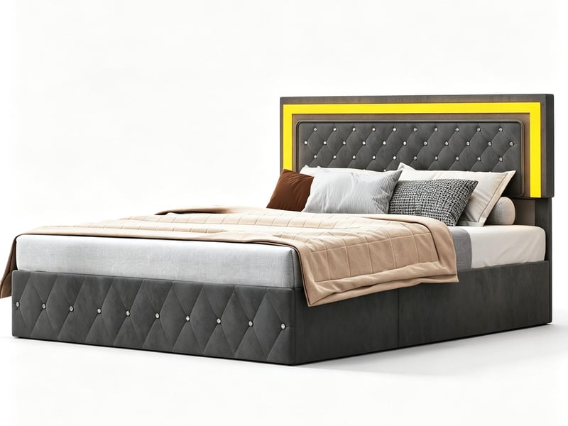  Lit coffre 140 x 200 cm avec tête de lit - led, usb et rangement  - Conforama A