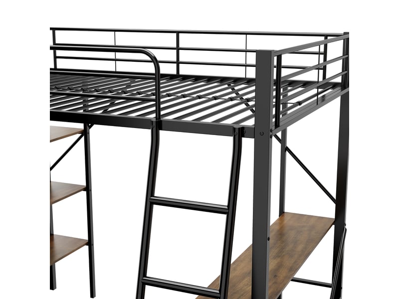 Lit mezzanine métal 90x200cm - bureau intégré - 3 étagères - sécurité en747 - noir - Conforama R