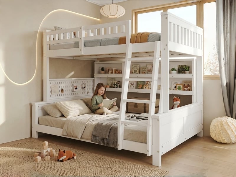  Lit superposé en bois 120 x 200 cm et 140 x 200 cm, avec échelle, double étagère et panneau perforé, blanc  - Conforama B