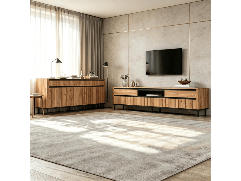  Ensemble meuble tv et buffet de salon, finition bois naturel avec accents noirs, meuble tv 180 cm pour téléviseur 75 pouces  - Conforama W