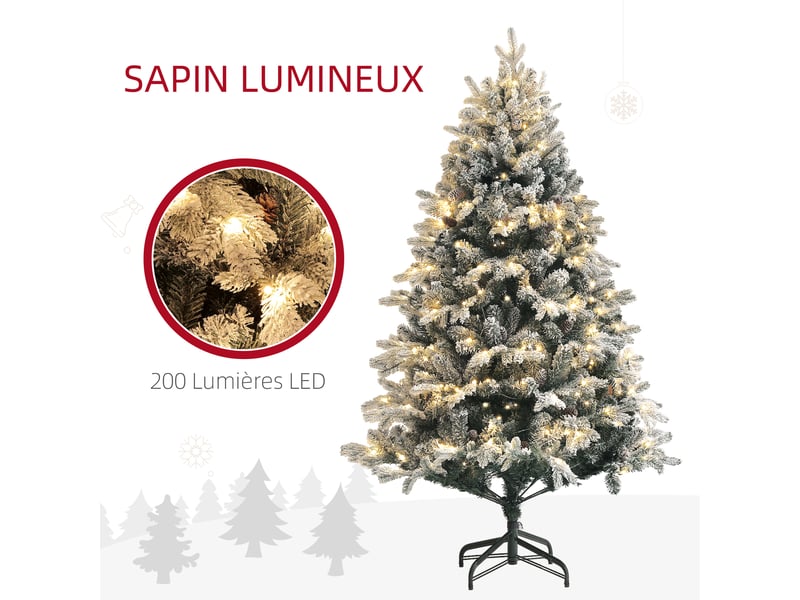  Sapin de noël artificiel 180 cm lumineux led 793 branches enneigées grand réalisme support en acier pliable vert  - Conforama D