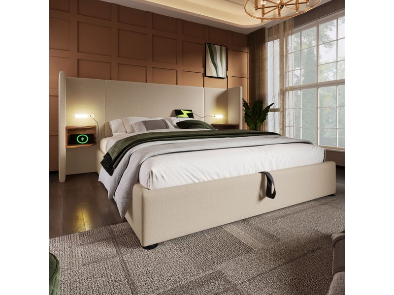 Lit double 160x200 cm matelas et sommier inclus rangement liseuse led ports usb-c chevets intégrés tissu lin beige - Conforama B