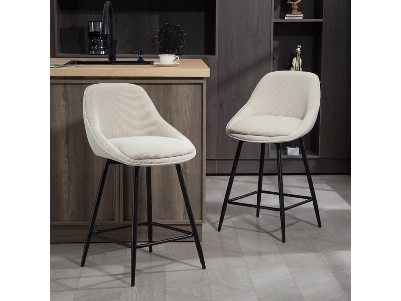  Lot de 2 tabourets de bar en tissu velours côtelé, chaises de bar avec dossier courbé, repose-pieds, 49x52x88cm, crème  - Conforama D