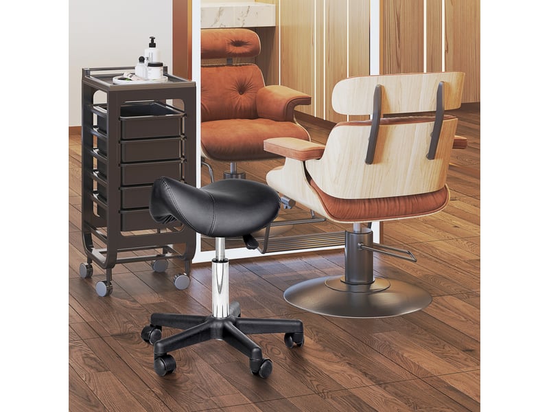 Tabouret de bar pivotant en forme de selle avec roulettes et hauteur réglable rembourré en simili cuir noir - Conforama B